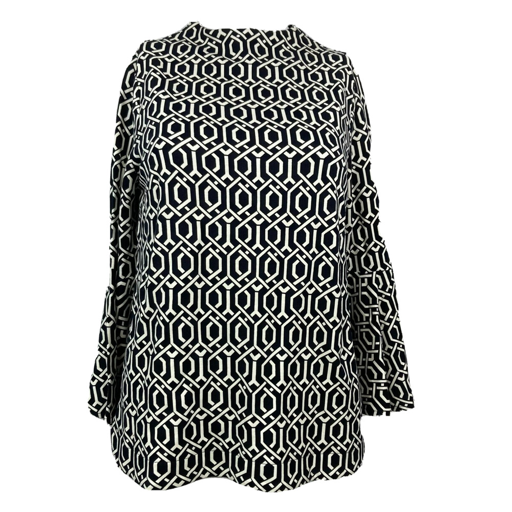 Crown & Ivy Shirt Women Sz XS Navy Blue White Geometric Top Stretch Bell Sleeve